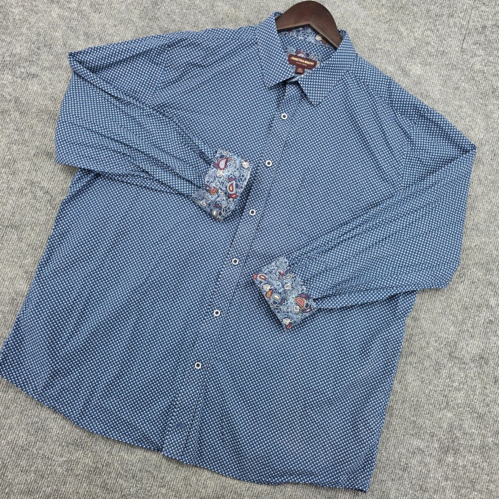 Johnston & Murphy Mens XXL Blue Geometric Print Cotton Button Down Shirt Paisley